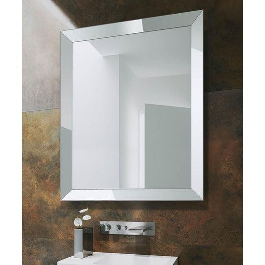 Rectangular ravenna mirror 75 with sleek silver-framed border mounted above a modern bathroom sink