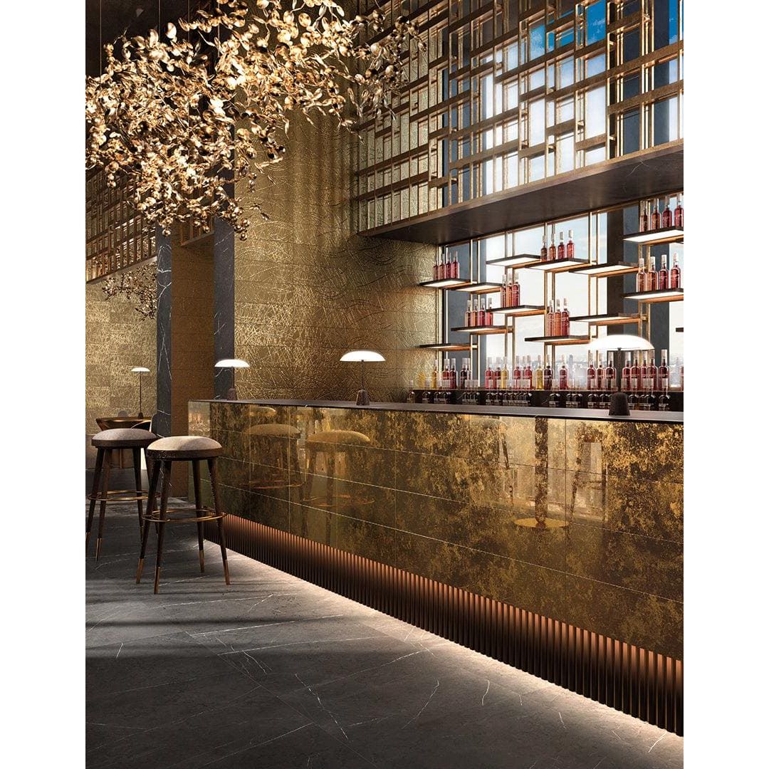 Reflect midi antique 20 x 60cm golden metallic bar counter with textured reflective surface and integrated underlighting