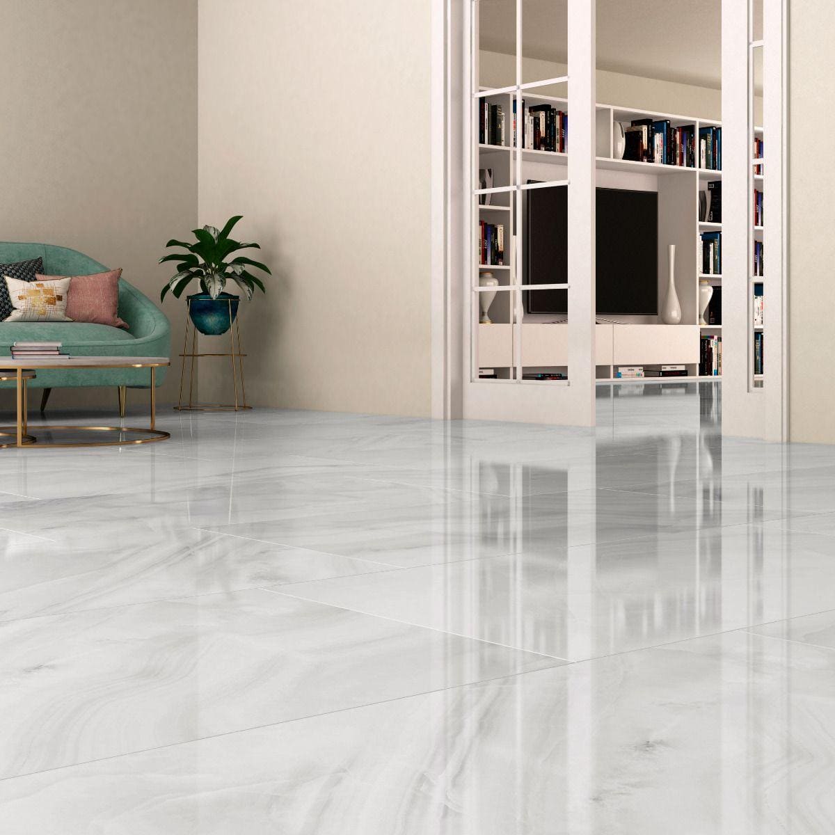 Rodas white 60 x 60cm shiny marble-effect floor tiles with subtle gray veining for elegant interior floors