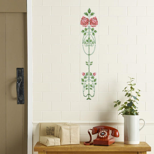 Rose And Bud Raised-Line Tiles 5-Tile Set on Colonial White - alternate view