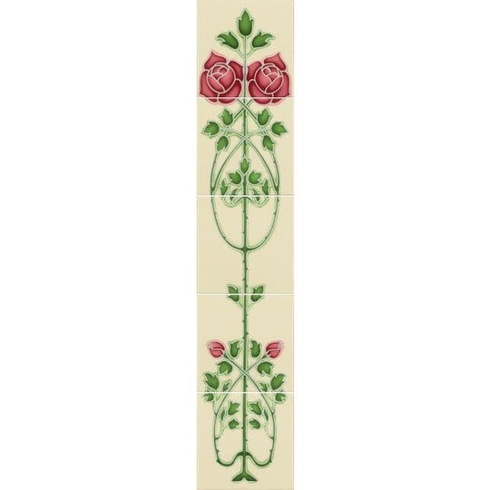 Rose And Bud Raised-Line Tiles 5-Tile Set on Colonial White