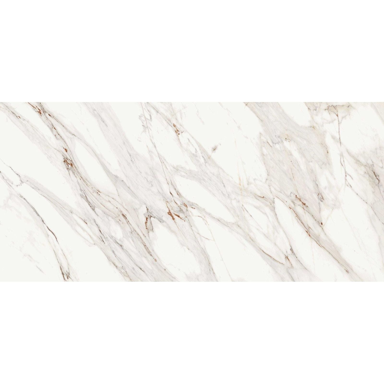 White marble tile serie Corinto polished with elegant flowing gray and subtle brown veining for interior use