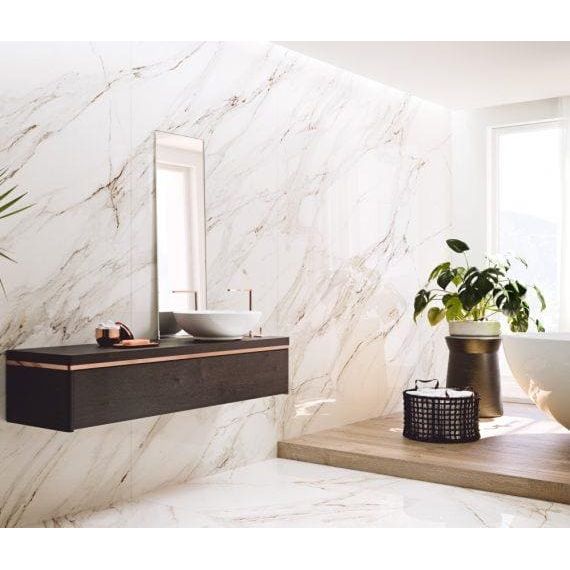 Floating dark wood vanity serie corinto polished with sleek copper accent strip and white ceramic vessel sink