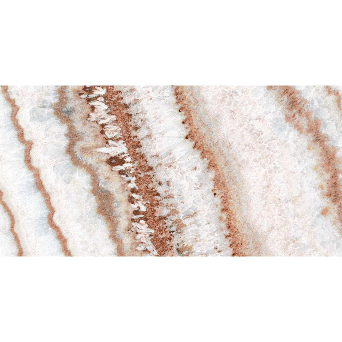 White and copper-striped marble tile from serie imperial polished with a crystalline textured surface