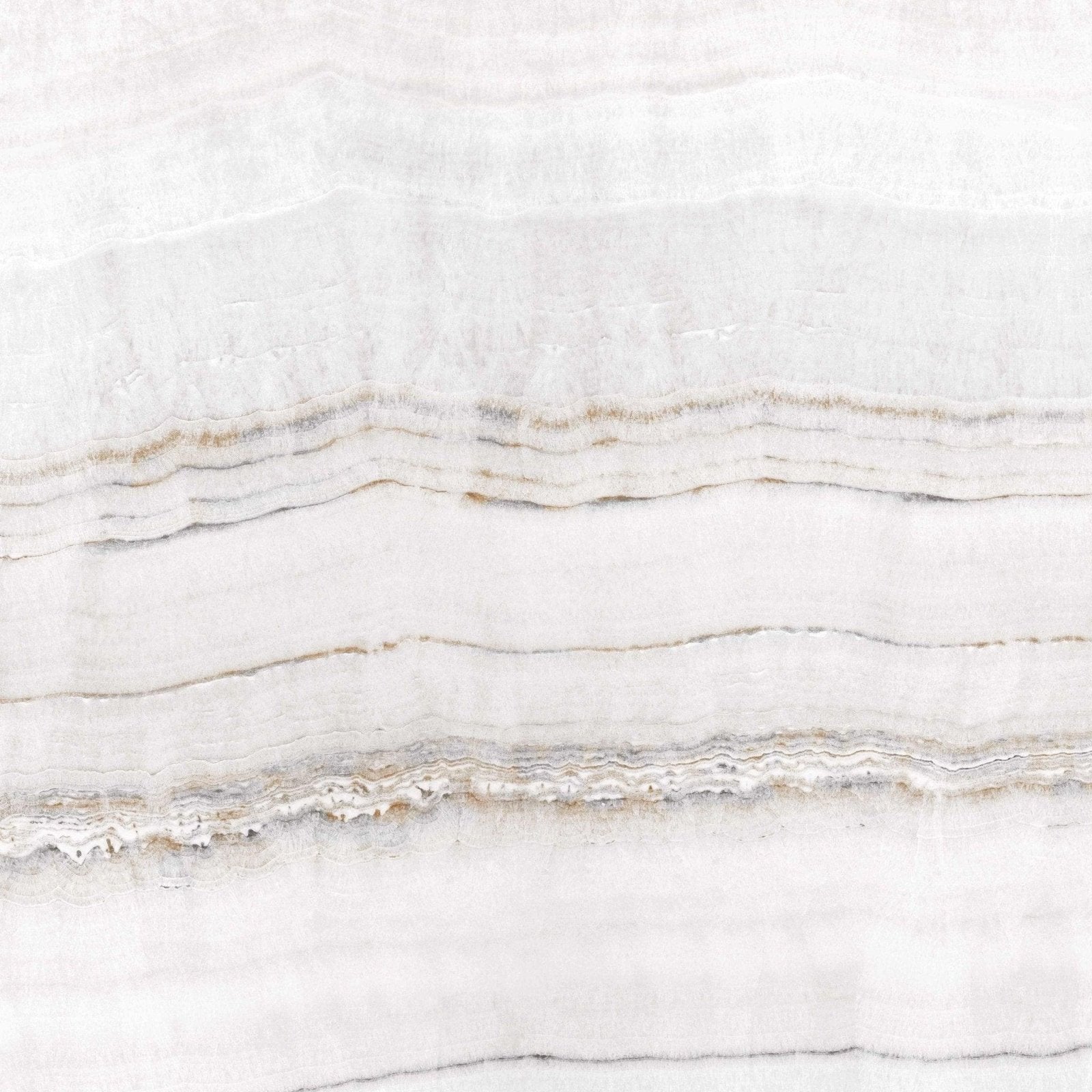 Serie Tivoli Blanco polished white onyx stone with subtle gray and beige wavy banding for elegant surfaces