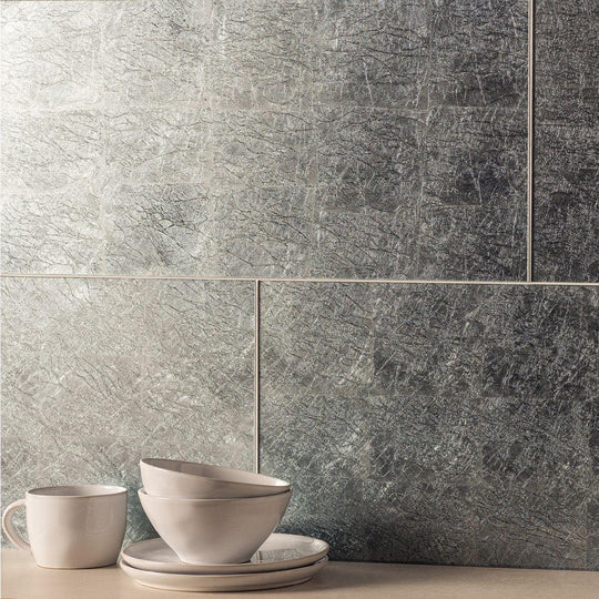 Silver Leaf Bold Decorative Glass dark grey metallic glass tiles with stacked ceramic bowls