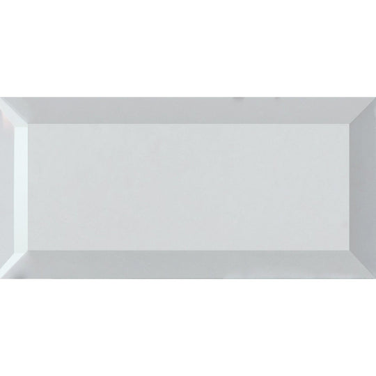A sleek white glass tile named silver mirror bevel with a subtle glossy finish and beveled edges