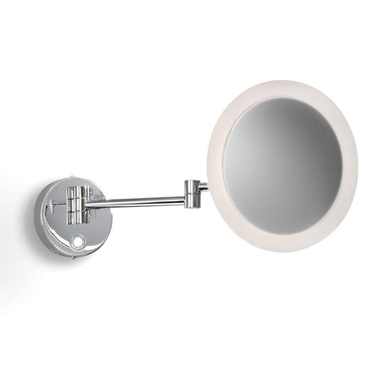 Chrome round led magnifying mirror with chrome finish circular illuminated frame and adjustable extendable arm wall mounted