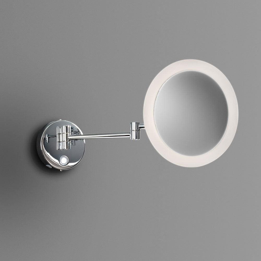 Chrome-finished sloane round led magnifying mirror wall-mounted with circular illuminated white ring around glass