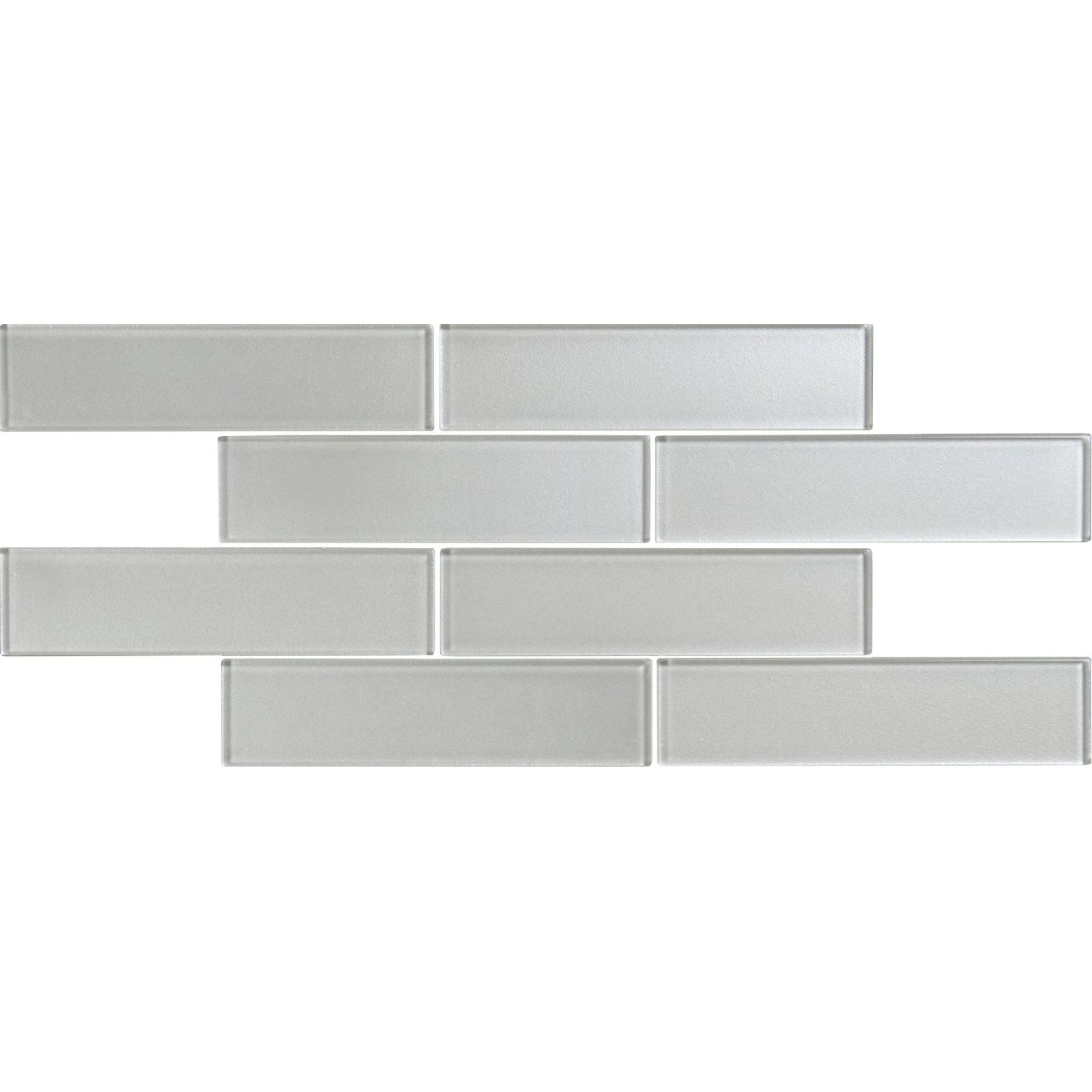 Gray glass subway tile from solinda brickbond mosaic with smooth reflective surface and clean rectangular edges