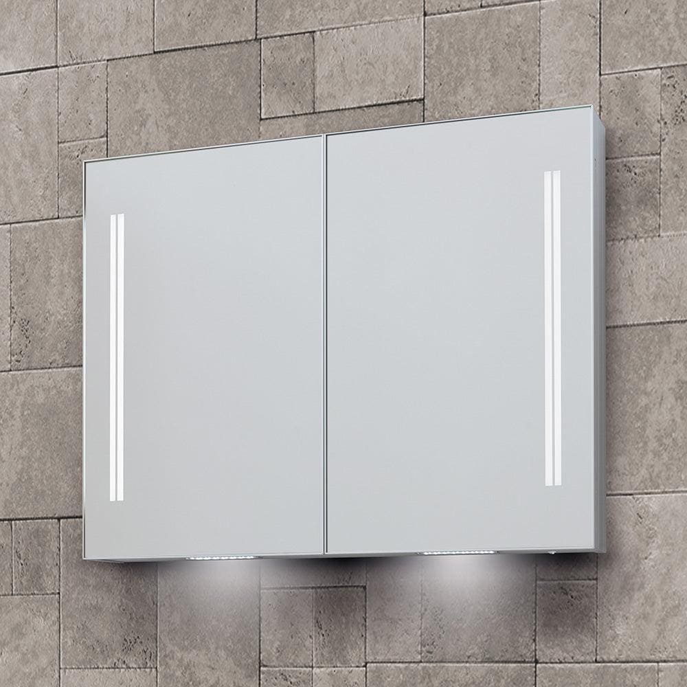 Modern silver-framed Space II medicine cabinet with two mirrored doors and integrated LED lighting strips on sides