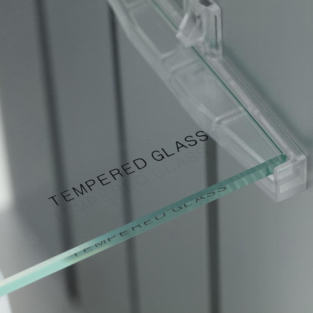 Space ii cabinet double door 70x70cm with clear tempered glass panel greenish tint and black engraved edge text