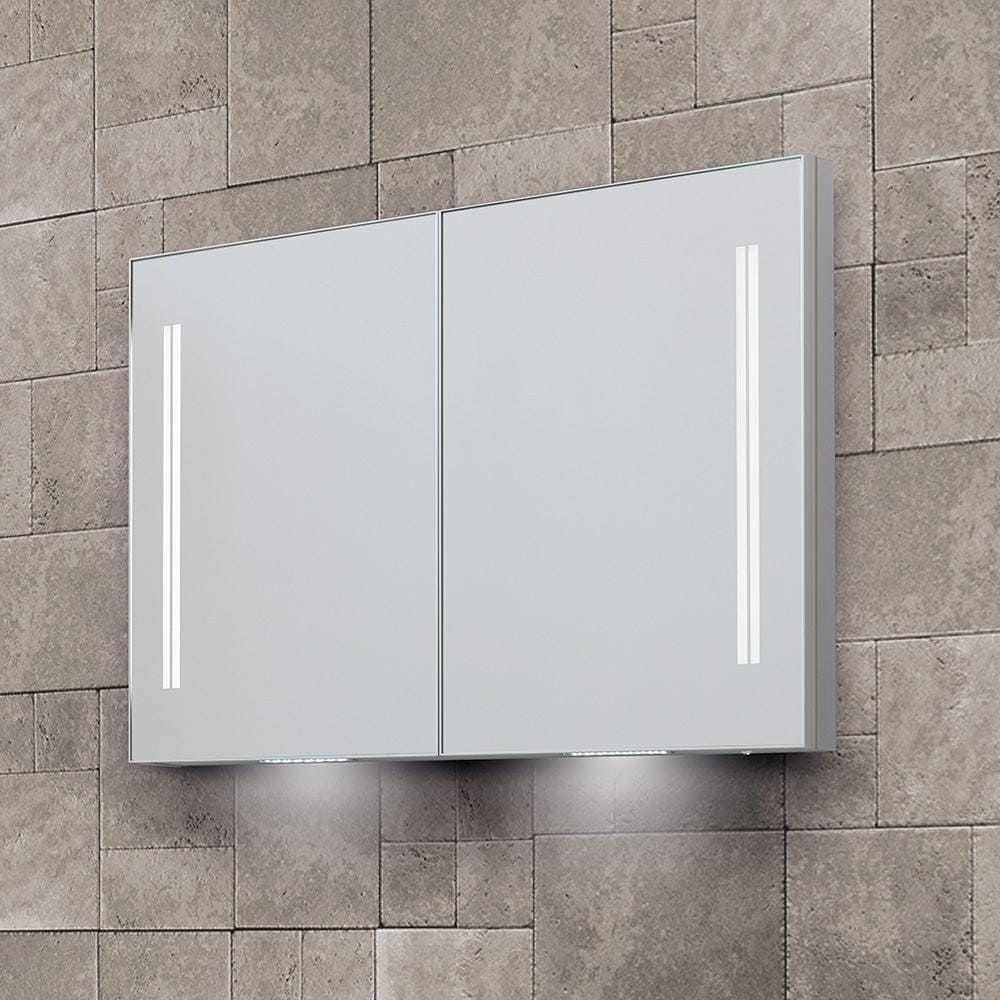 Modern silver-framed space II double door semi-recessed medicine cabinet 90x70cm with mirrored doors and vertical LED lights