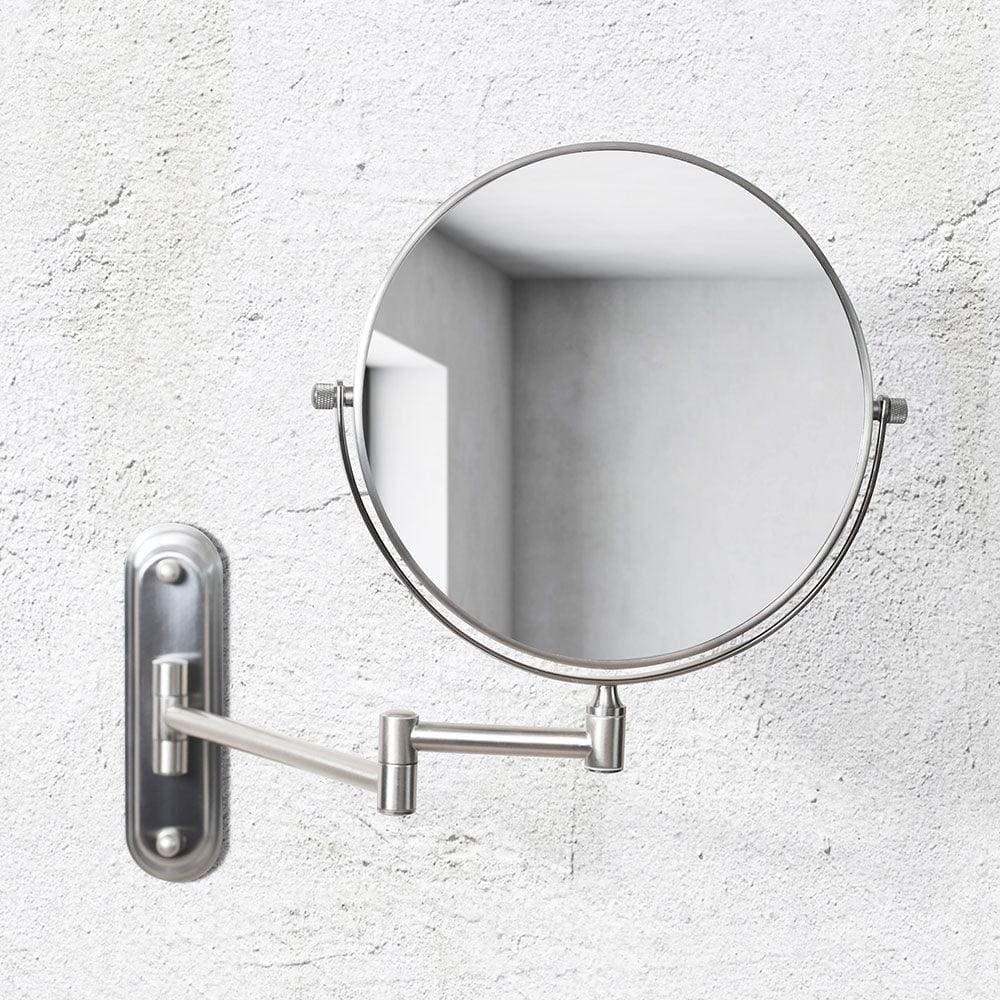Silver-toned taylor reversible 5x magnifying wall mirror with circular frame and adjustable brushed nickel arm
