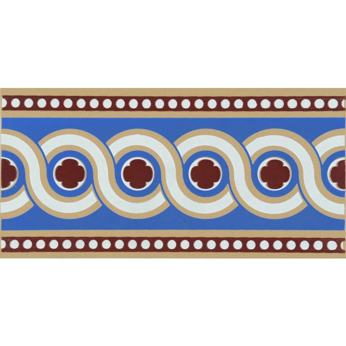 Telford border blue decorative tile border with blue beige and maroon repeating circular motifs