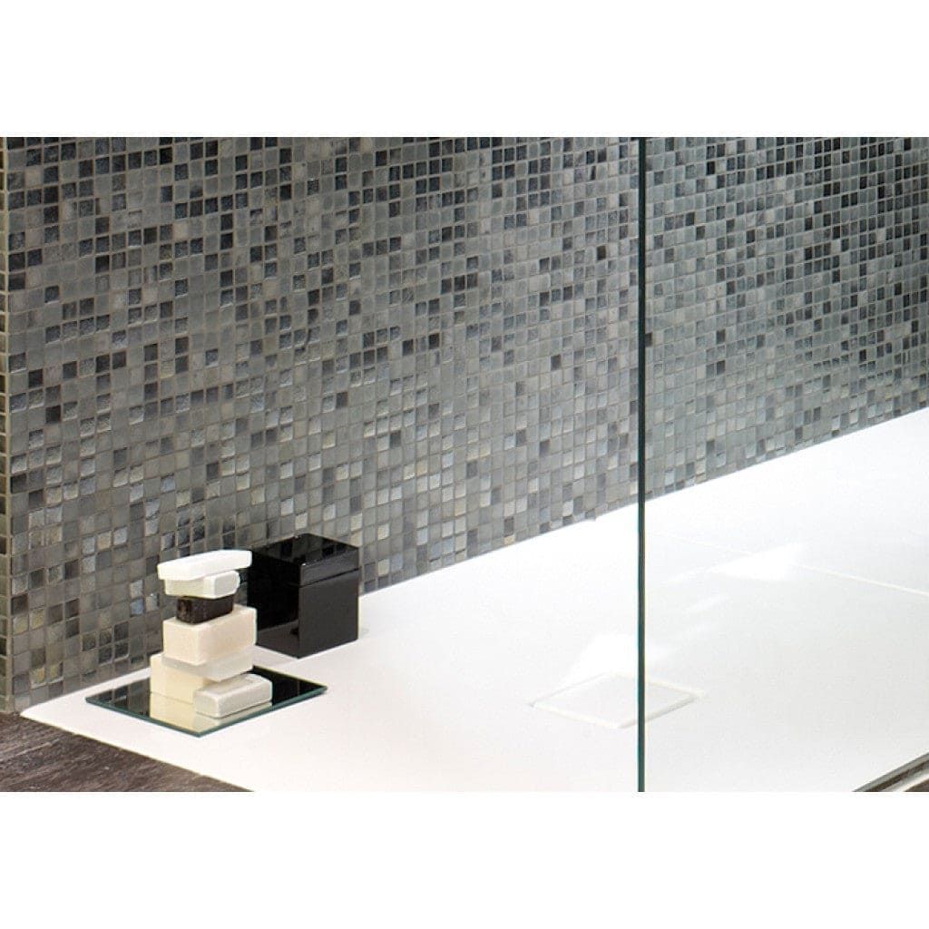 Texturas Neo Textured Glass Mosaic dark grey textured glass mosaic with a glass bathroom shelf