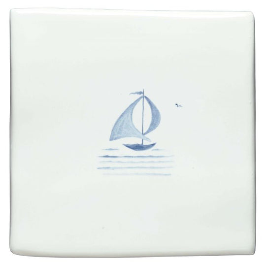 Thomas Basset of Rye Delft Boat blue and white Delft tile with a hand-painted sailboat