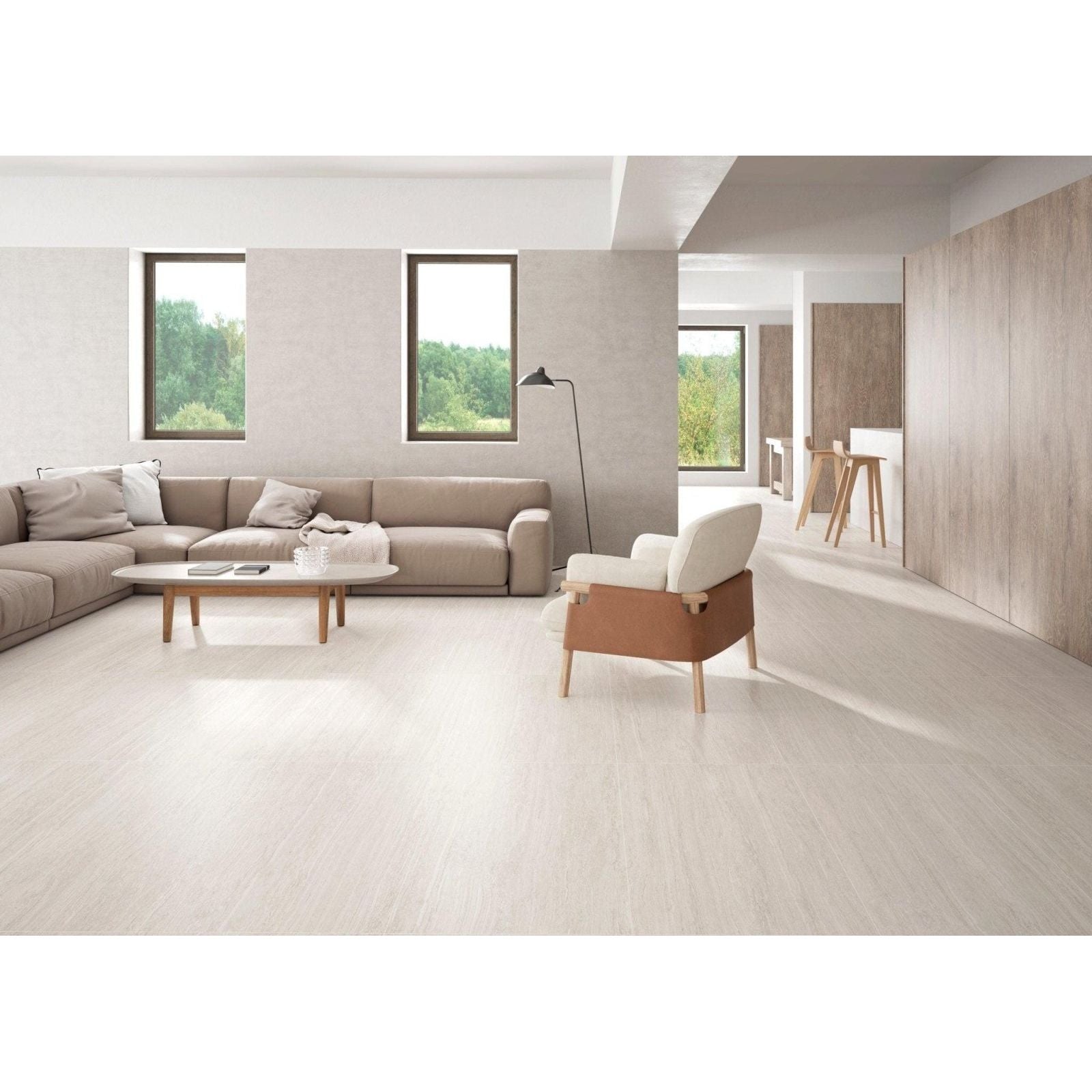 Light beige wood-look travertine silver satin porcelain tiles with subtle grain pattern and smooth finish