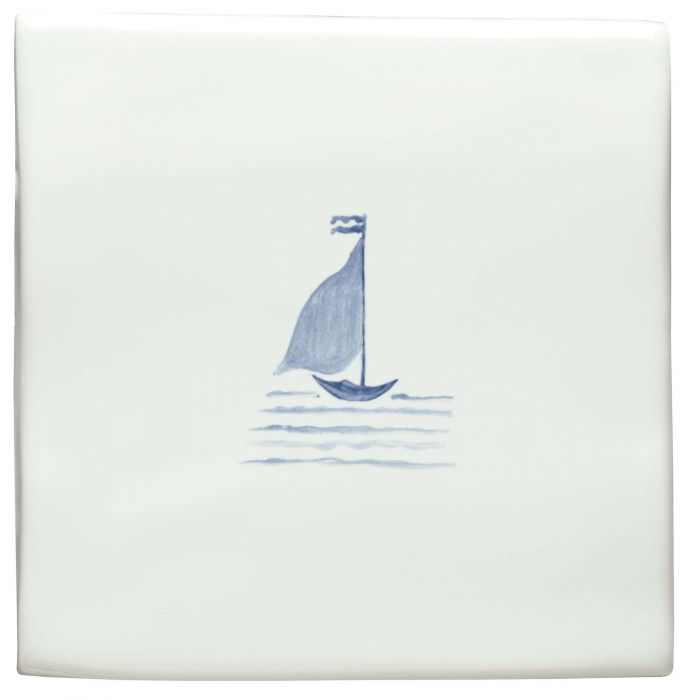 White ceramic tile from trinite of london delft boat with delicate blue hand-painted sailboat and waves design