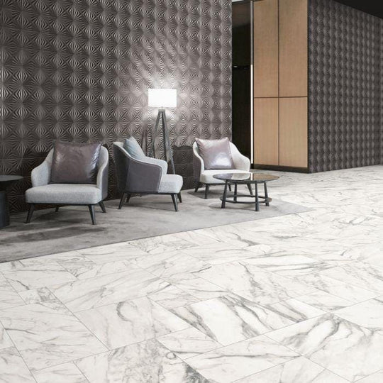 Venato Marble Modular Porcelain Tiles white and grey marble-effect tiles with grey armchairs