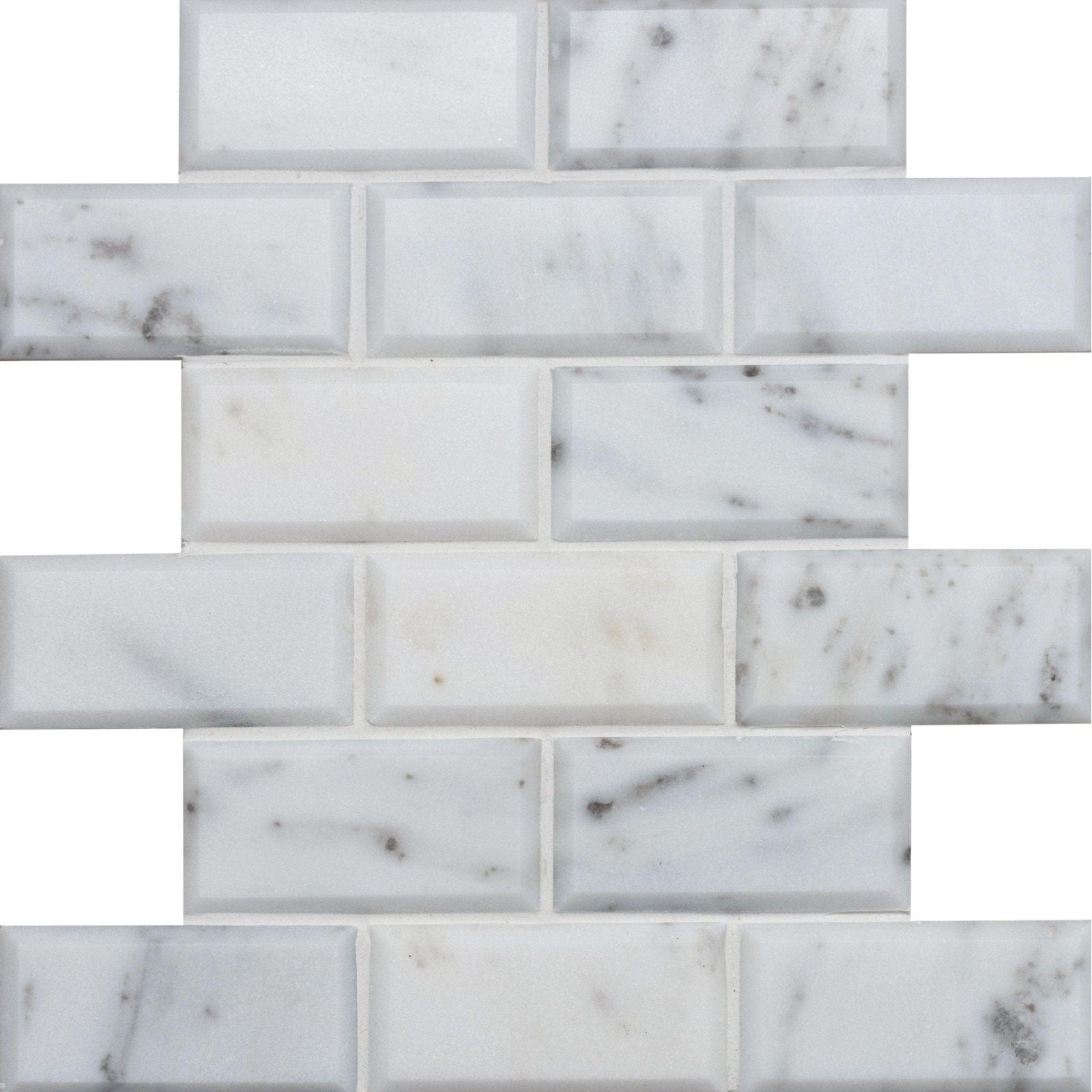 Viano white polished bevel brickbond mosaic of white marble subway tiles with subtle gray veining