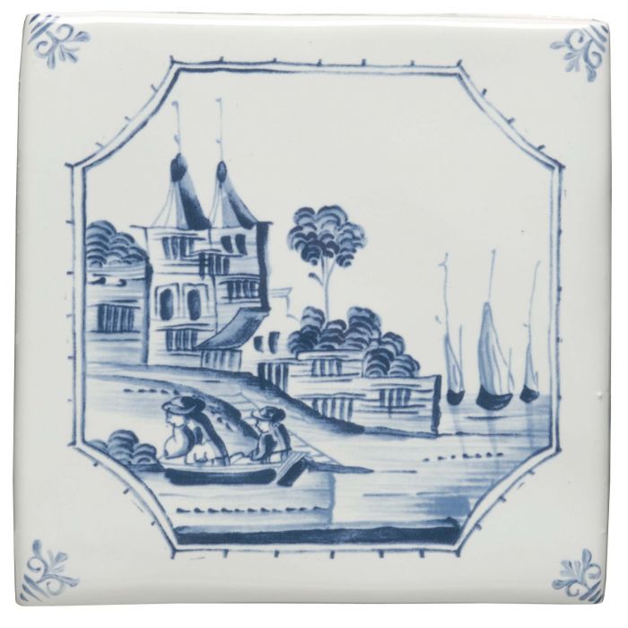 White ceramic tile with blue delftware-style canal scene illustration featuring buildings boats and figures in framed design