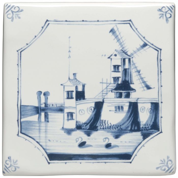Blue and white ceramic tile featuring a traditional dutch windmill scene with swans in the water windmill delft river scene
