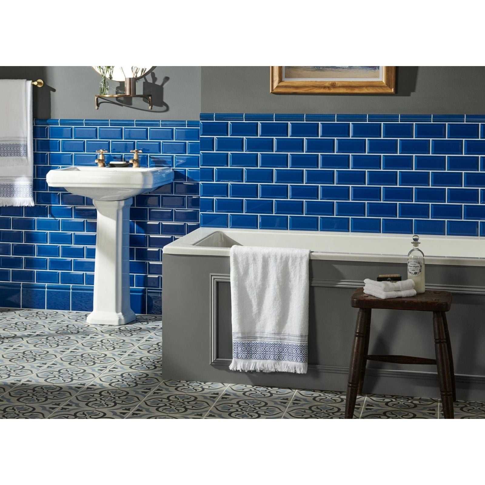 Blue subway tile backsplash featuring glossy Windsor blue skirting tile ideal for kitchen and bathroom walls