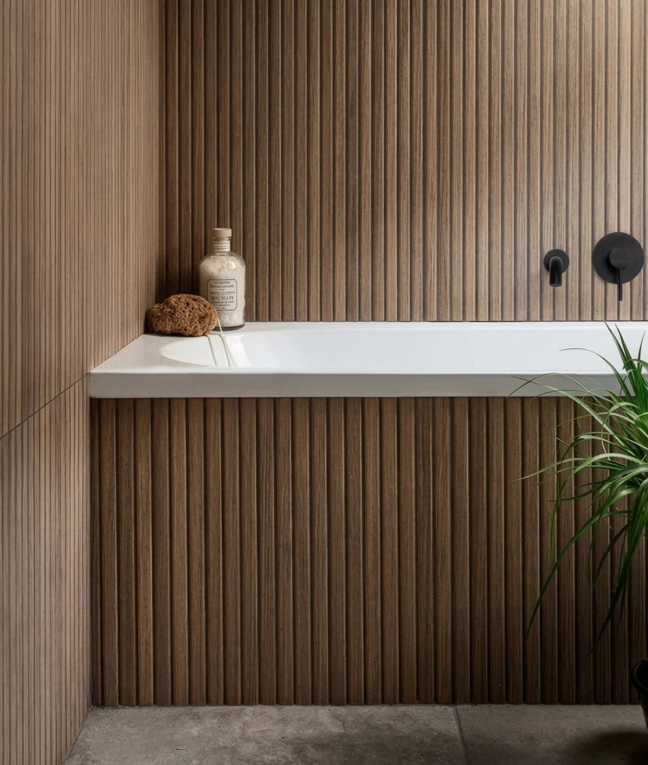 Kinfolk Porcelain Teak wood effect tiled bathroom