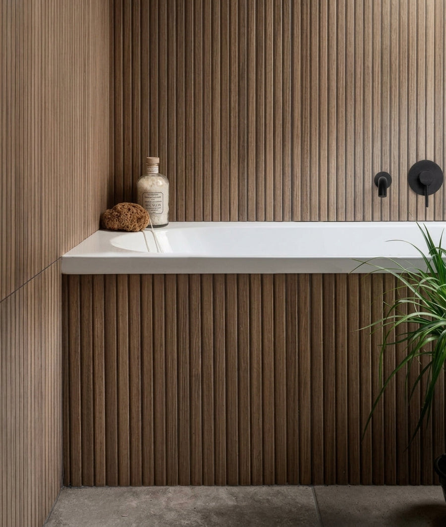Kinfolk Porcelain Teak wood effect tiled bathroom