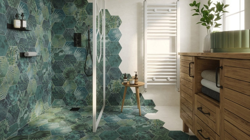 Hexagonal green glossy tropical leaf-patterned ceramic bathroom tiles by ca pietra tiles brand spotlight