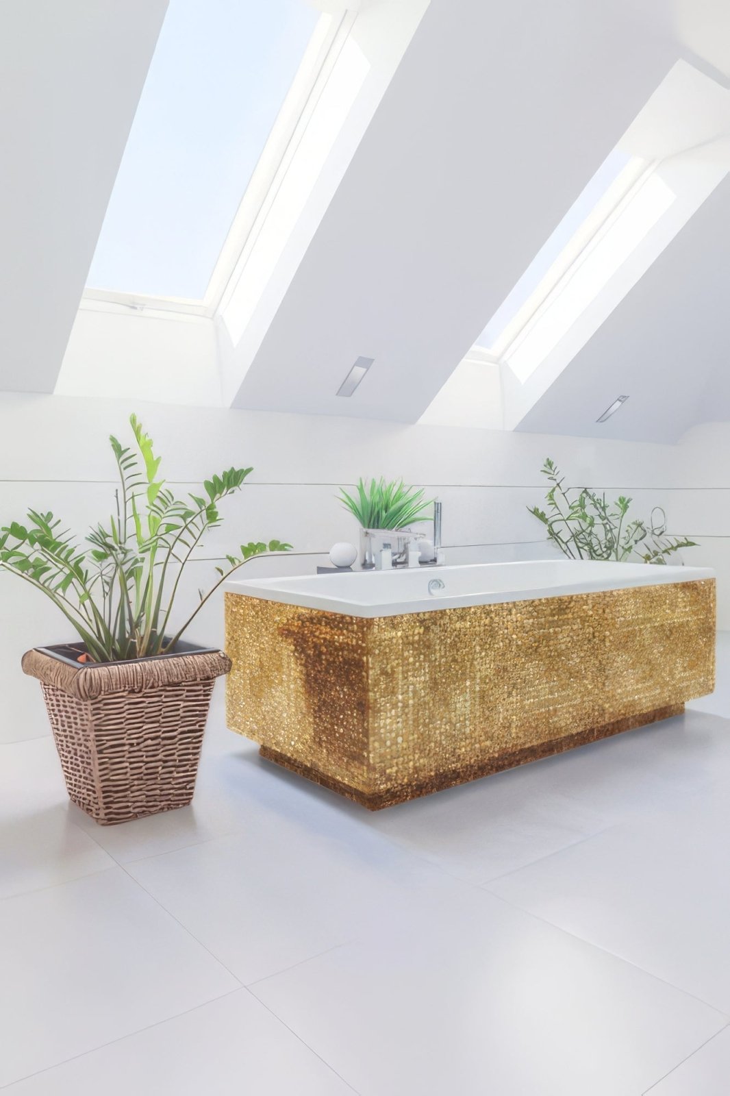 Golden mosaic tiled bathtub with sleek white interior and modern chrome fixtures in a designer bathroom setting