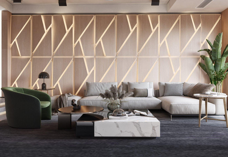 Modern beige and gold geometric accent wall featuring illuminated bespoke panels for stylish interior projects