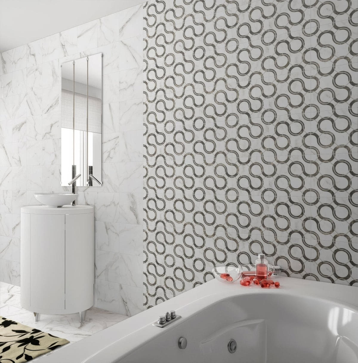 White marble-patterned bathroom wall tiles with black and white swirling design for stylish home interiors