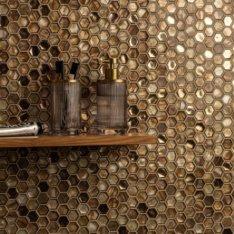 Shiny gold-hued hexagonal mosaic tile wall showcasing durable design for effective mosaic tile maintenance and gleaming upkeep