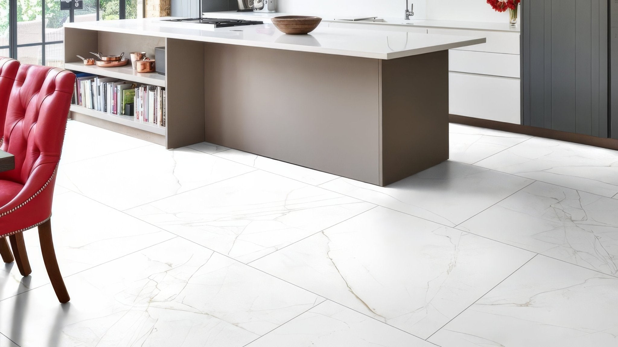 White marble-effect kitchen floor tiles with subtle gray veining in 100 x 100cm size for modern kitchens