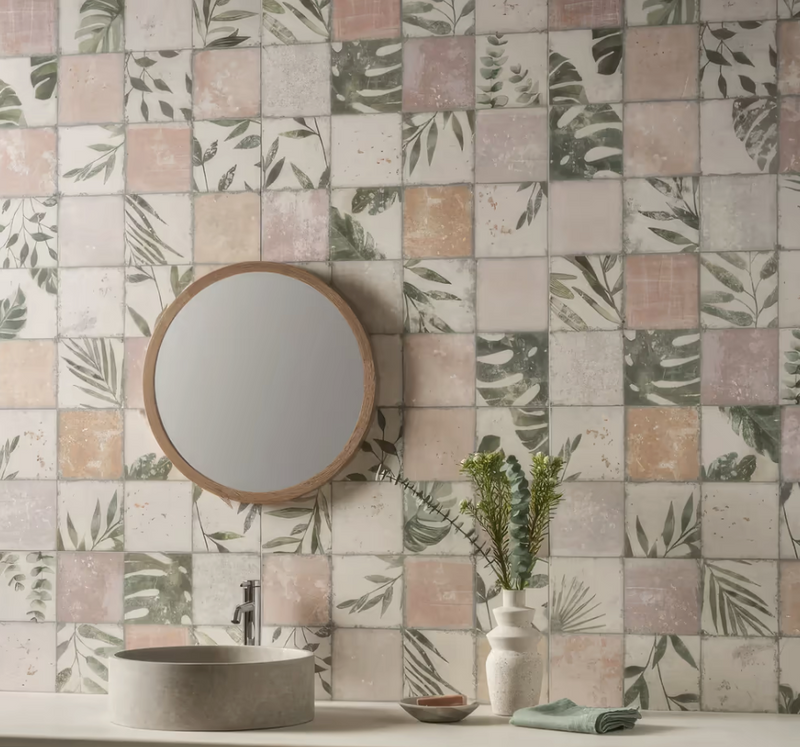Round wooden-framed mirror mounted on a wall of muted pink green and beige leaf motif patterned tiles from patchwork botanical