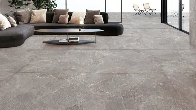 Gray marble-effect floor tiles with subtle veining in a 120 x 120cm size ideal for modern interiors