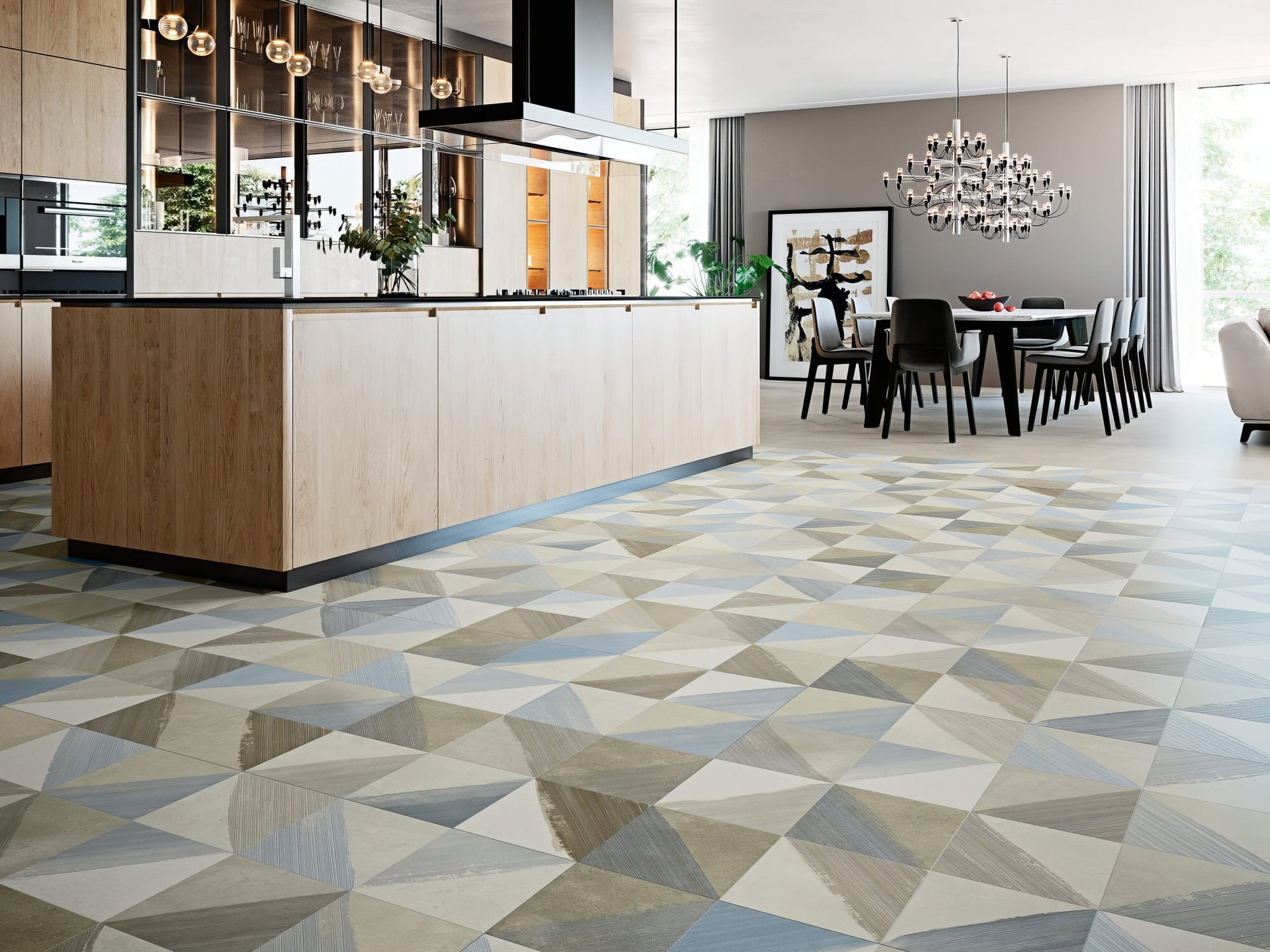 Geometric patterned 1m x 1m porcelain floor tiles in muted gray blue and beige tones for stylish interiors