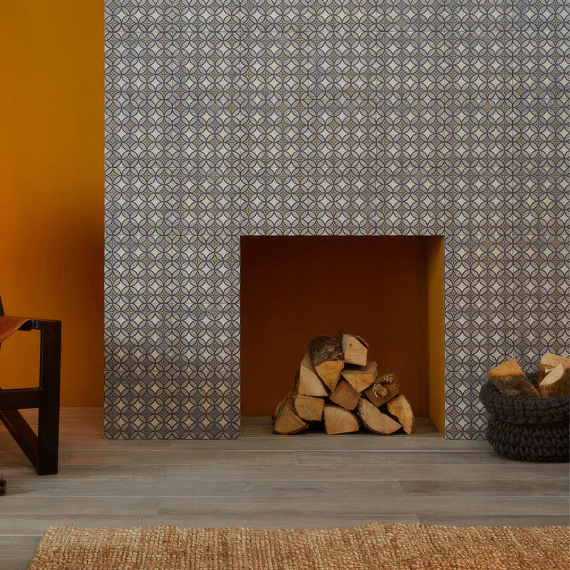 Gray and white geometric patterned ceramic tile surround for fireplace from 20 x 20cm tiles collection