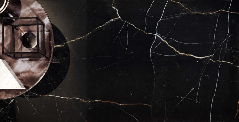 Black marble 60 x 120cm tile with striking white and gold veining for elegant flooring and wall surfaces