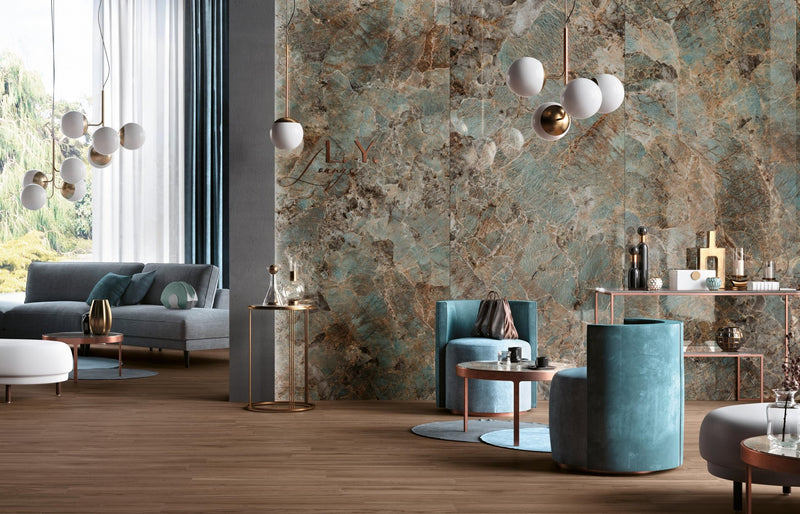 The wall is covered in luxurious teal and brown marble effect 80 x 80cm textured tiles with swirling patterns