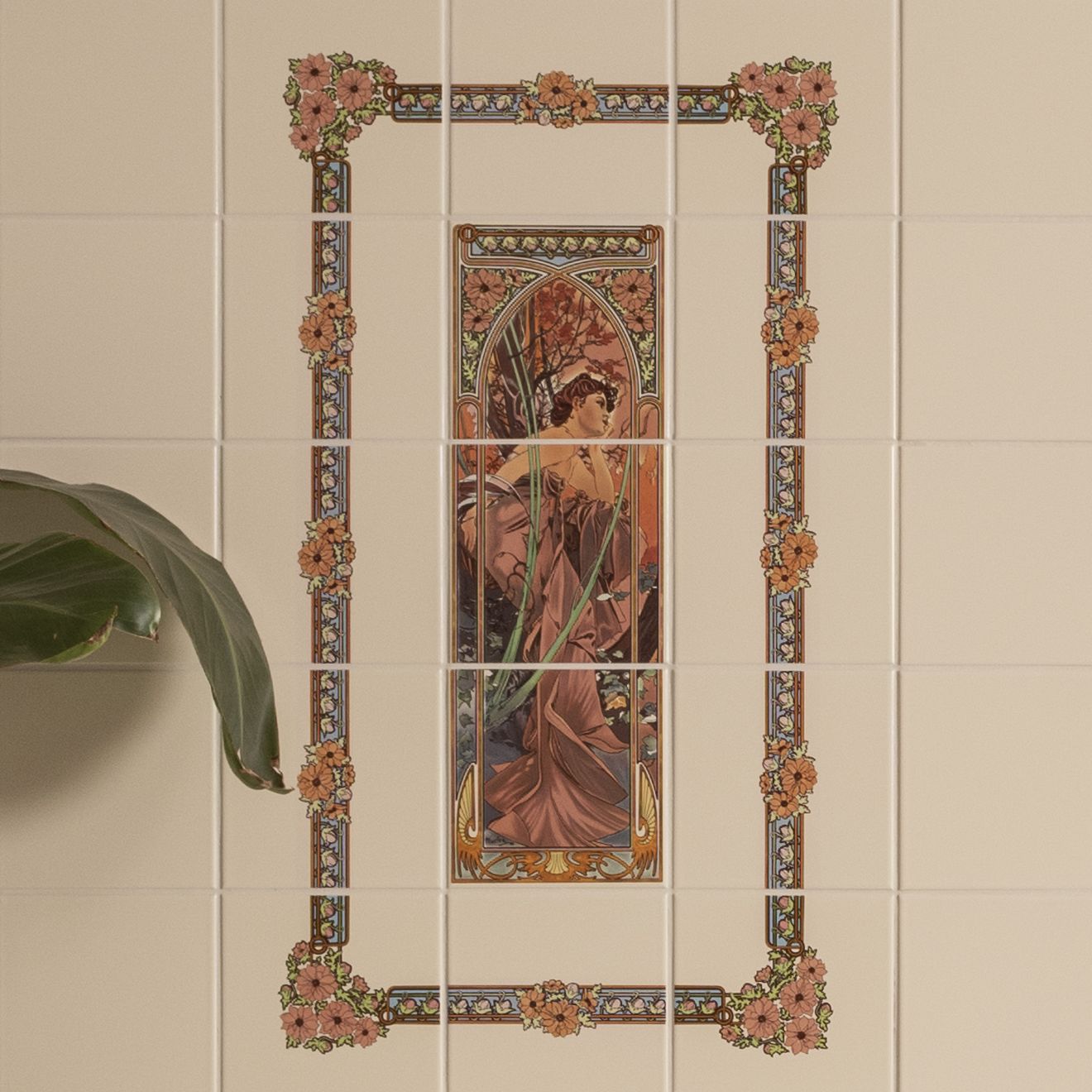 Art nouveau ceramic tile mural featuring a woman in pink and mauve robes with peach blossom borders by alphonse mucha
