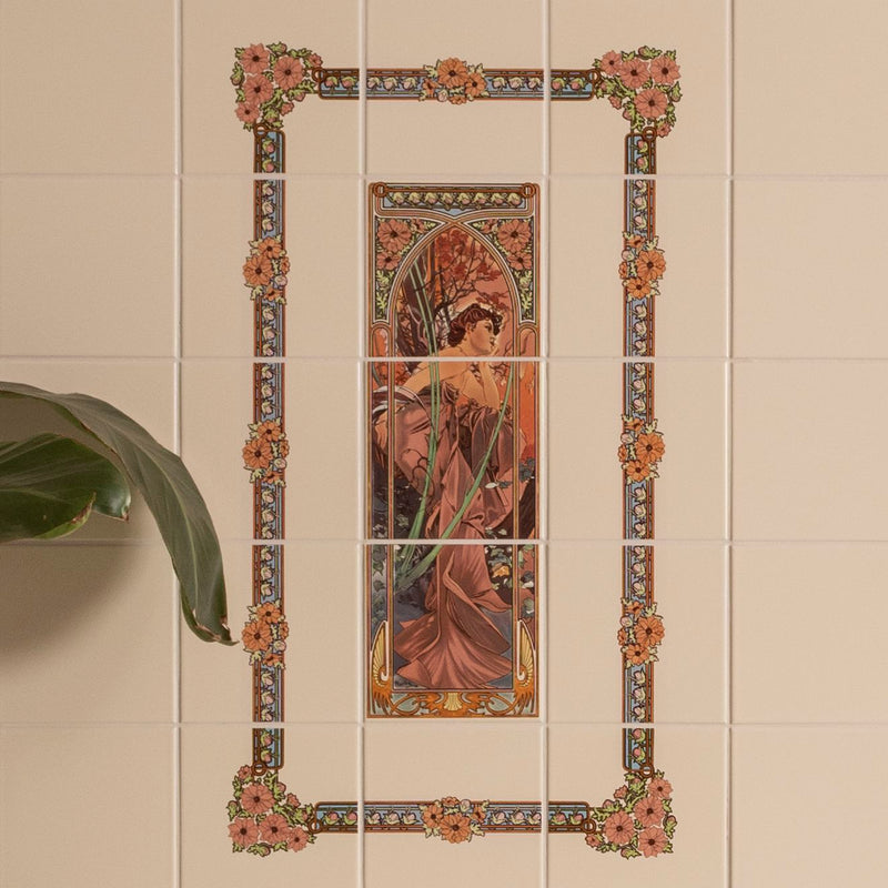 Art nouveau ceramic tile mural featuring a woman in pink and mauve robes with peach blossom borders by alphonse mucha