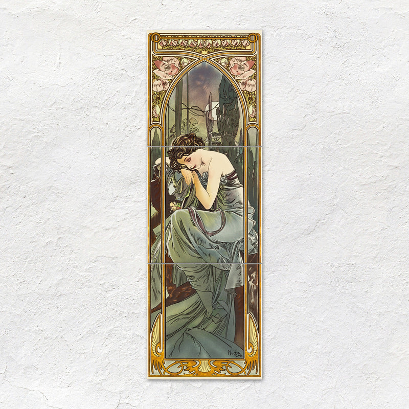 Art nouveau style wall tile mural featuring a woman in flowing green and gray robes with gold floral borders from alphonse mucha nocturnal slumber panel