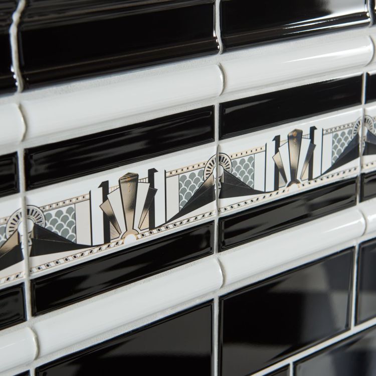 Art deco manhatton border black and white glossy subway tiles with metallic gold accents for wall decor