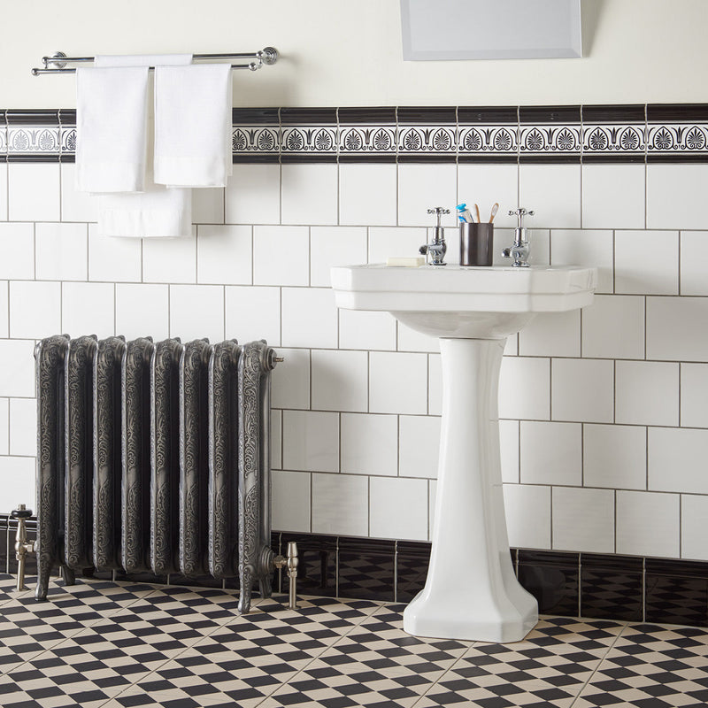 White ceramic pedestal sink with classic elegant design and smooth glossy finish from artworks parthenon border collection