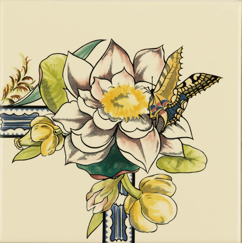 A decorative ceramic tile with a painted pink and white lotus flower yellow center green leaves and butterfly from birds and butterfly decorative corner