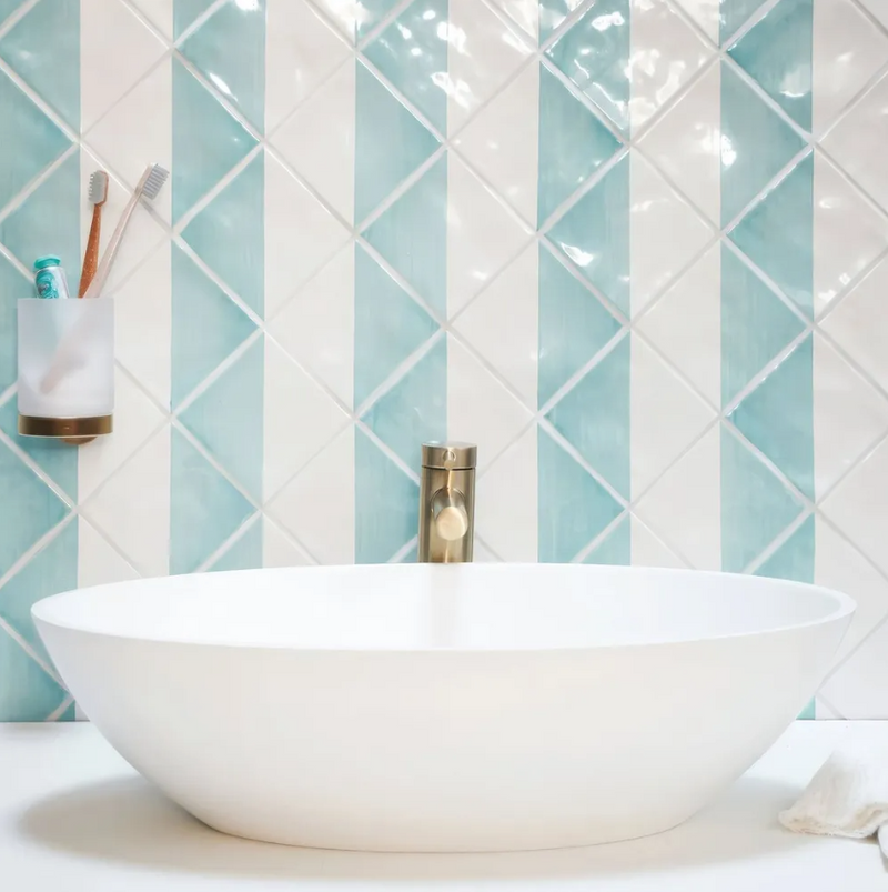 White ceramic bowl sink with smooth rounded edges and modern design in capri hand painted tiles collection