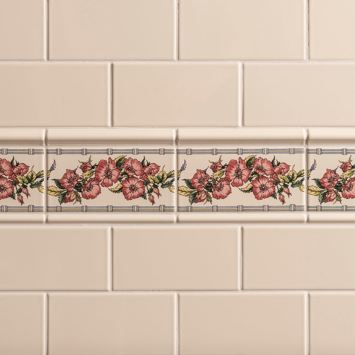 Corded Poppies Decorative Border Tile Red On County White